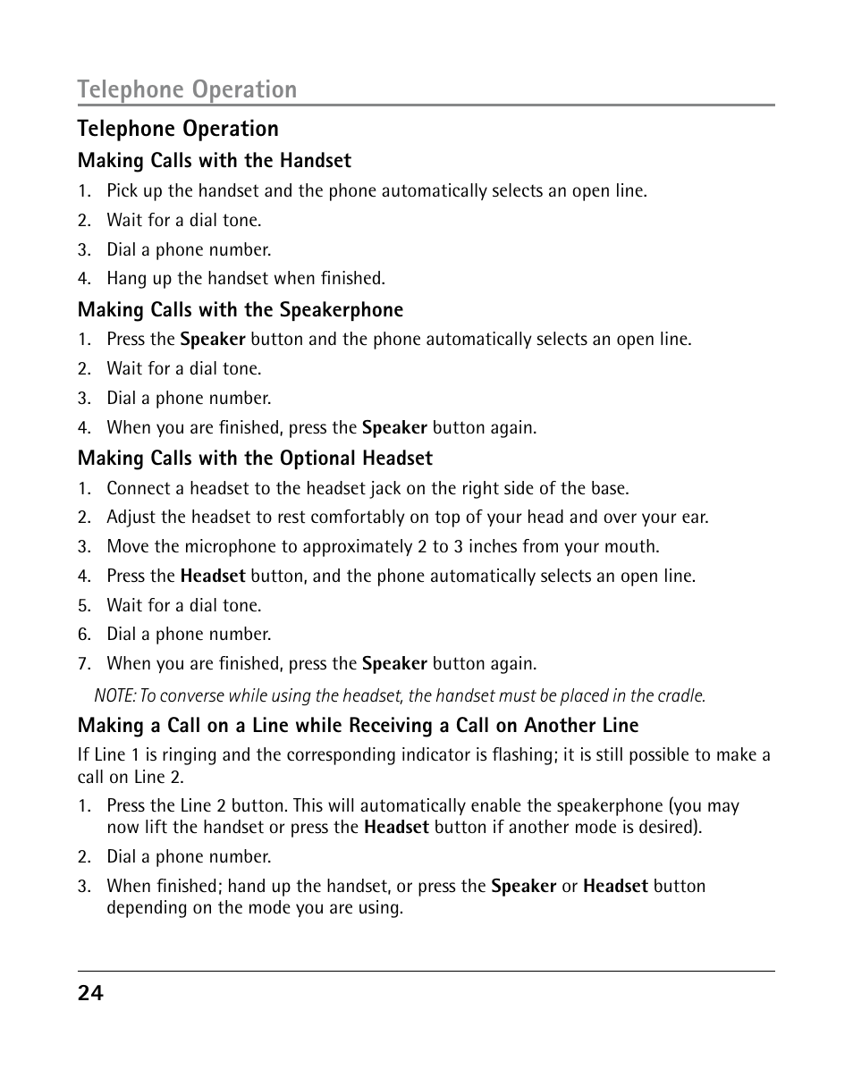 Telephone operation, 2 telephone operation | GE 25205 User Manual | Page 24 / 96