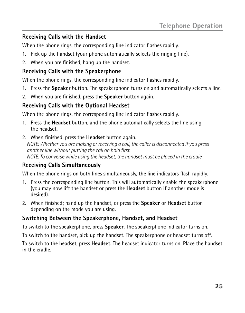 Telephone operation | GE 25205 User Manual | Page 25 / 96