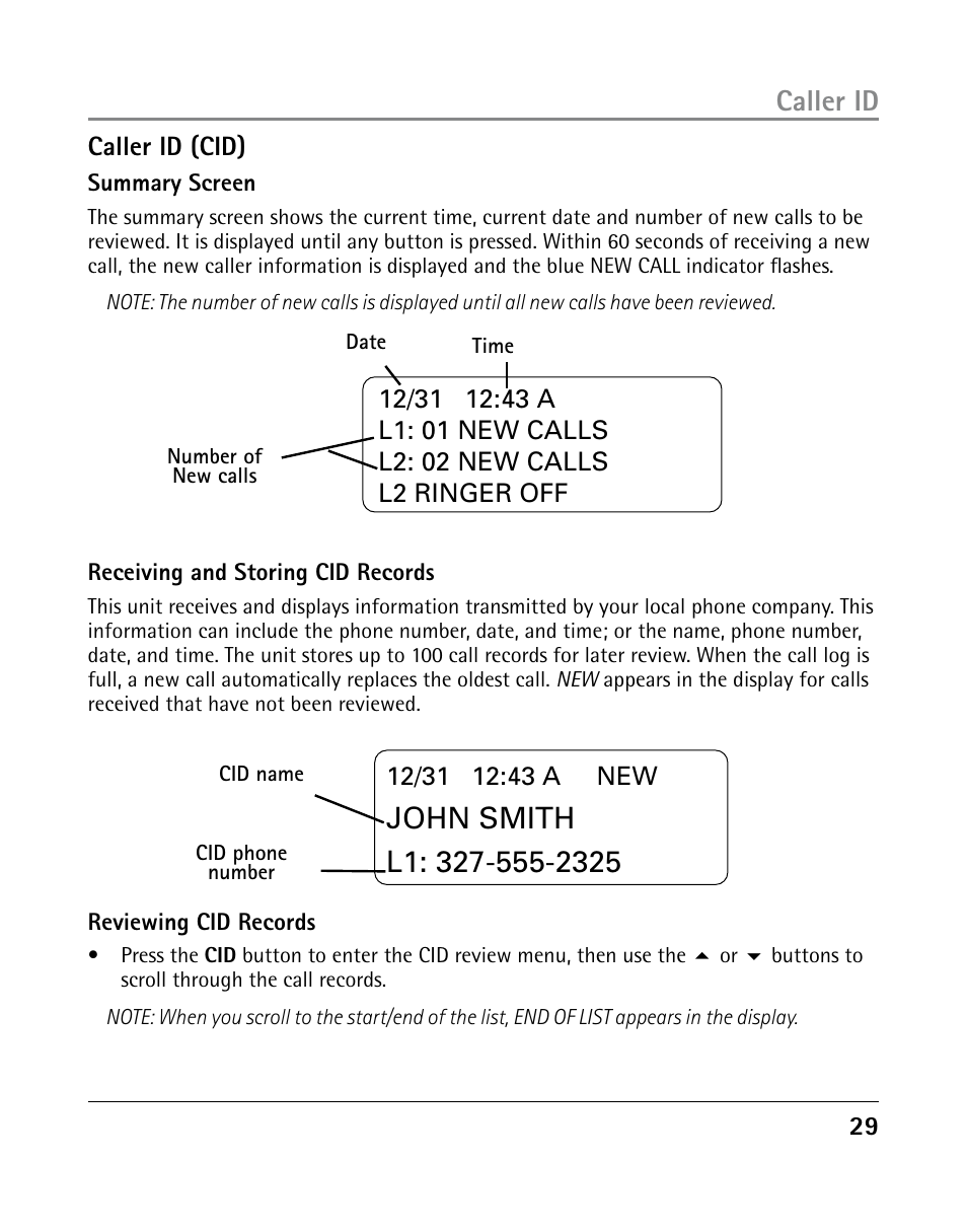 Caller id | GE 25205 User Manual | Page 29 / 96