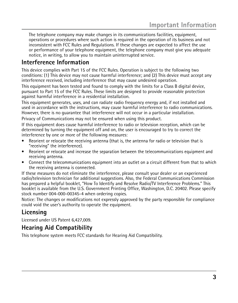 Important information, Interference information, Licensing | Hearing aid compatibility | GE 25205 User Manual | Page 3 / 96