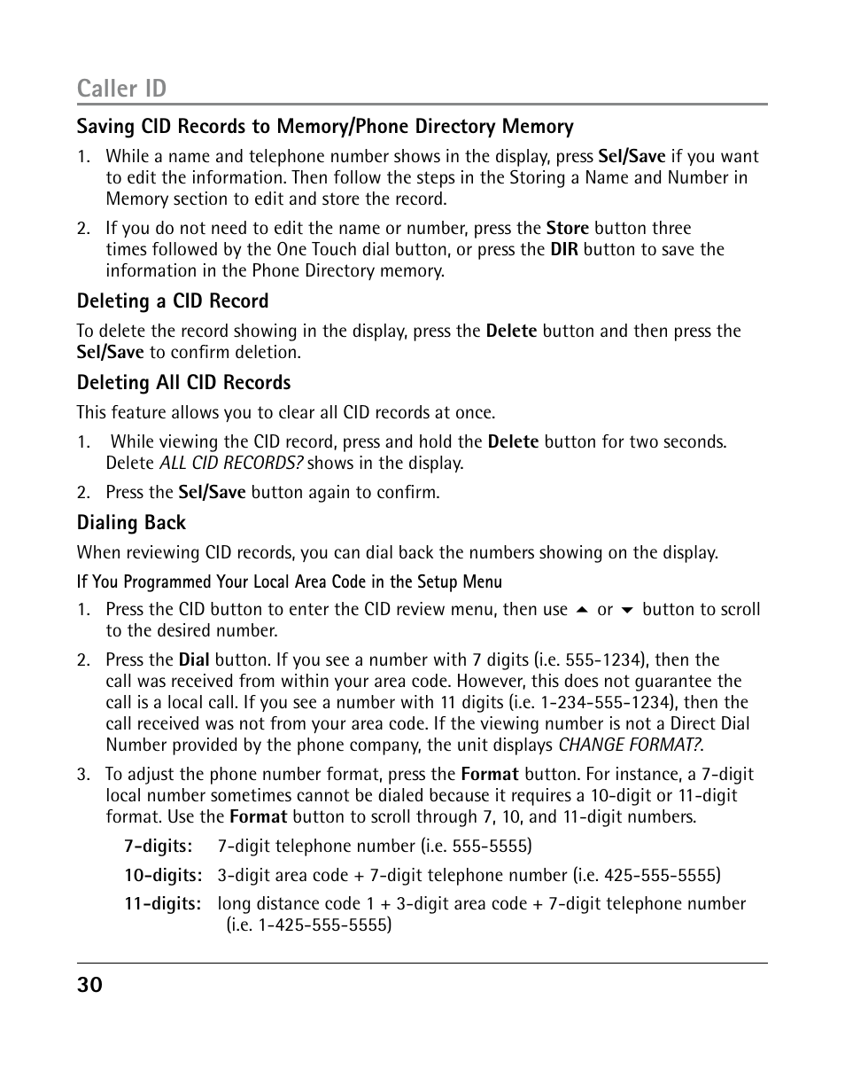 Caller id | GE 25205 User Manual | Page 30 / 96
