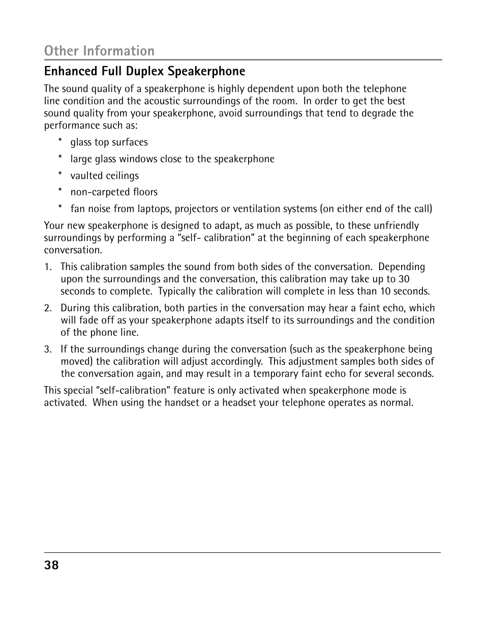 Other information, Enhanced full duplex speakerphone | GE 25205 User Manual | Page 38 / 96