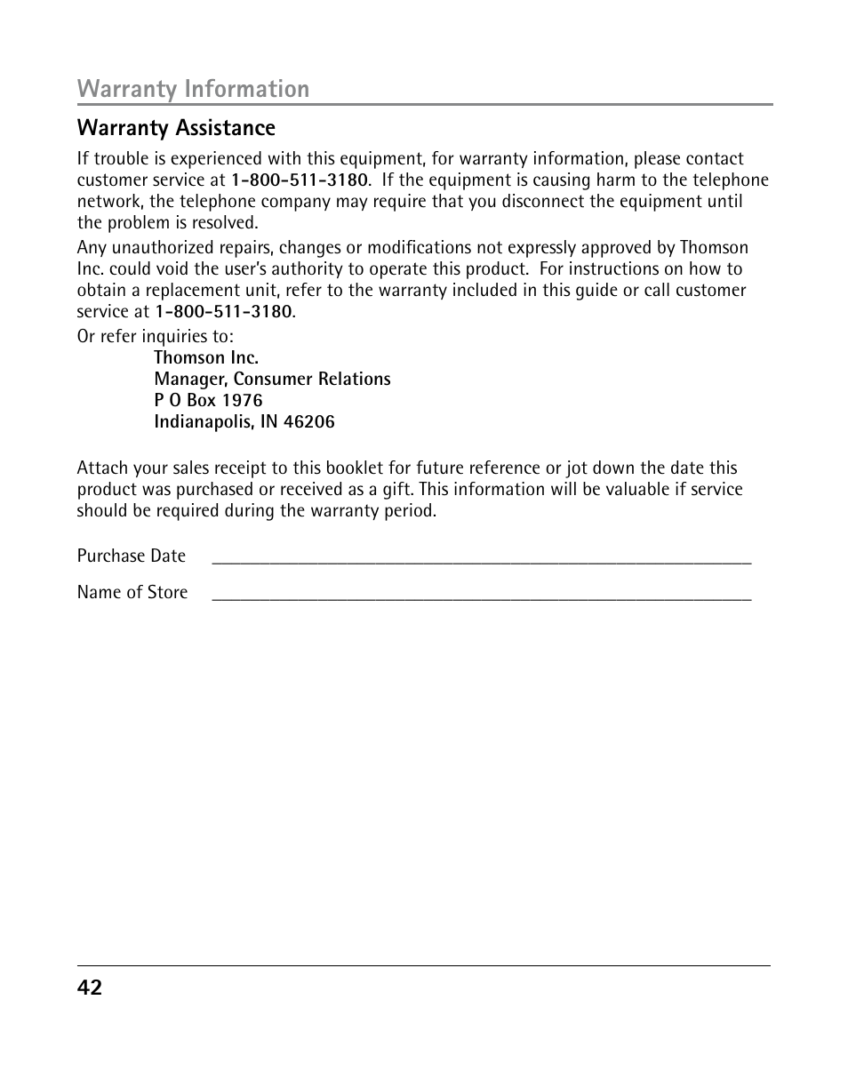 Warranty information, Warranty assistance | GE 25205 User Manual | Page 42 / 96
