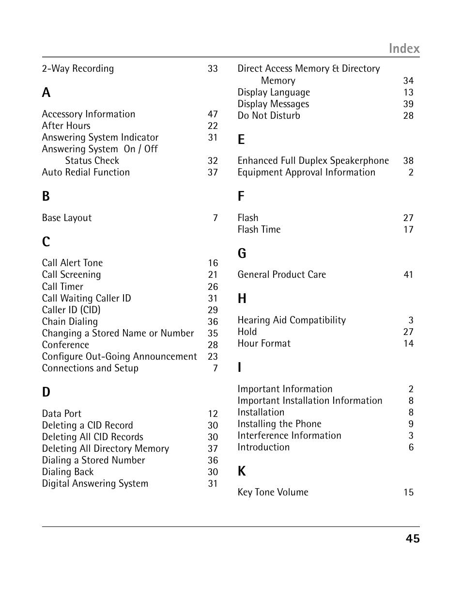 Index | GE 25205 User Manual | Page 45 / 96