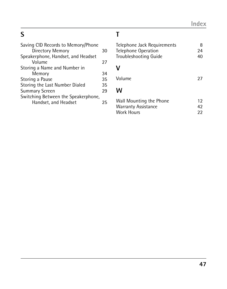 Index s | GE 25205 User Manual | Page 47 / 96