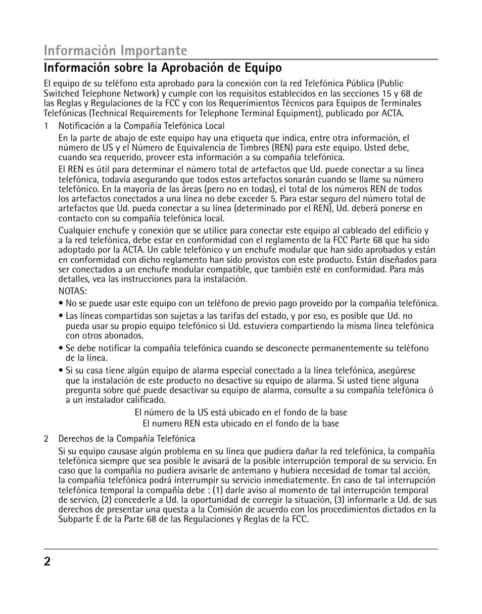 Información importante, 2información sobre la aprobación de equipo | GE 25205 User Manual | Page 50 / 96