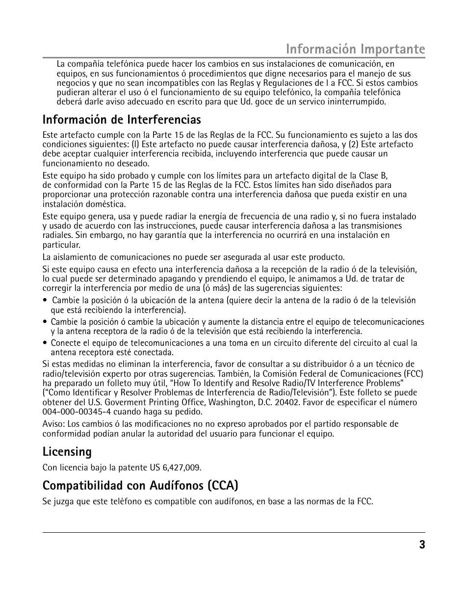 Información importante, Información de interferencias, Licensing | Compatibilidad con audífonos (cca) | GE 25205 User Manual | Page 51 / 96