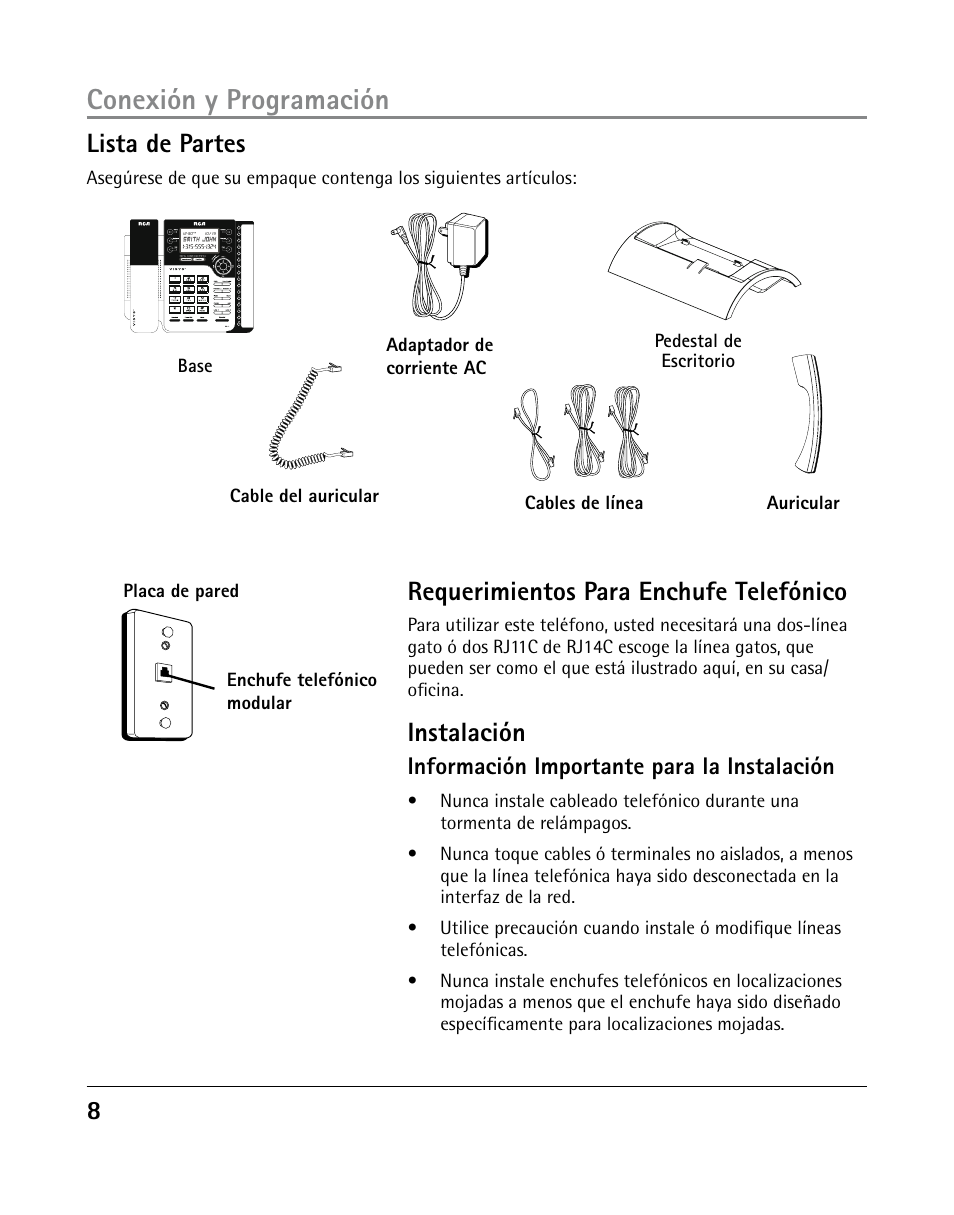 Conexión y programación, Lista de partes, Requerimientos para enchufe telefónico | Instalación, Información importante para la instalación | GE 25205 User Manual | Page 56 / 96