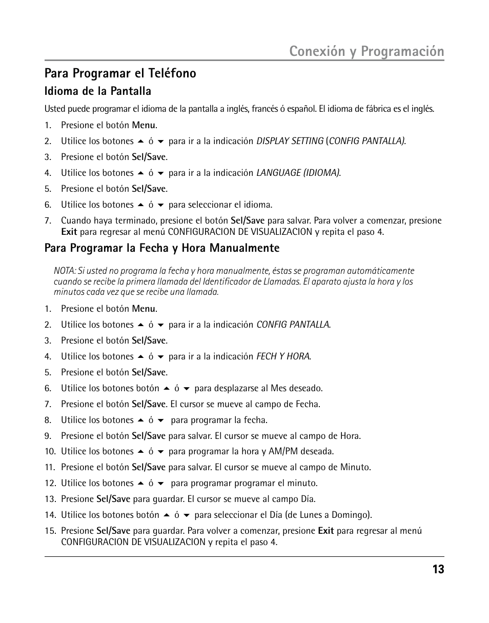 Conexión y programación, Para programar el teléfono, Idioma de la pantalla | Para programar la fecha y hora manualmente | GE 25205 User Manual | Page 61 / 96