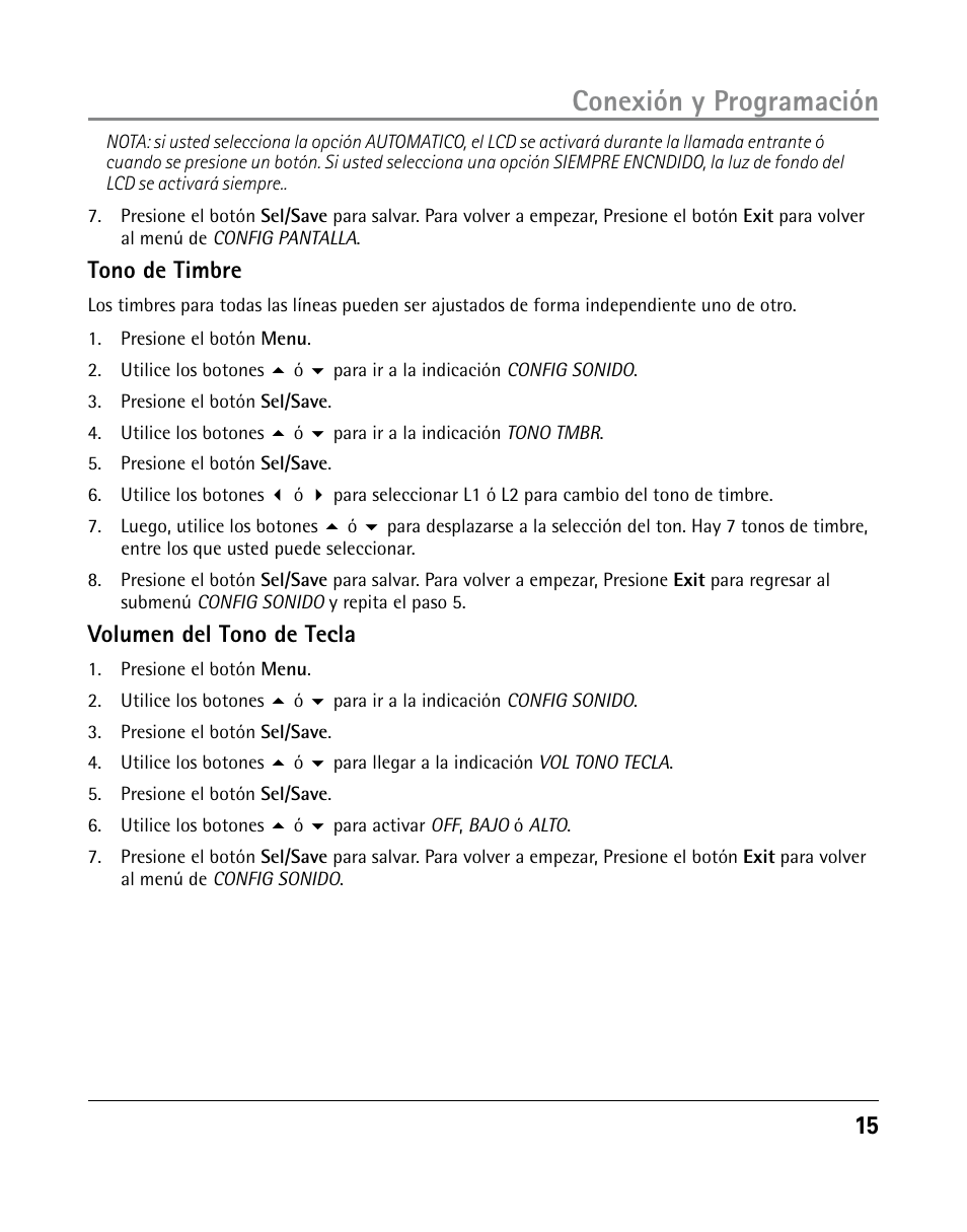Conexión y programación, Tono de timbre, Volumen del tono de tecla | GE 25205 User Manual | Page 63 / 96