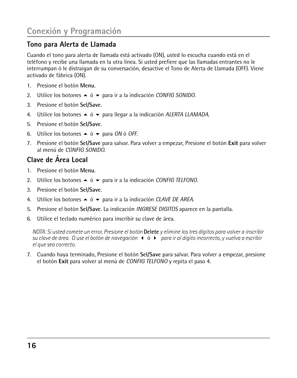 Conexión y programación, Tono para alerta de llamada, Clave de área local | GE 25205 User Manual | Page 64 / 96