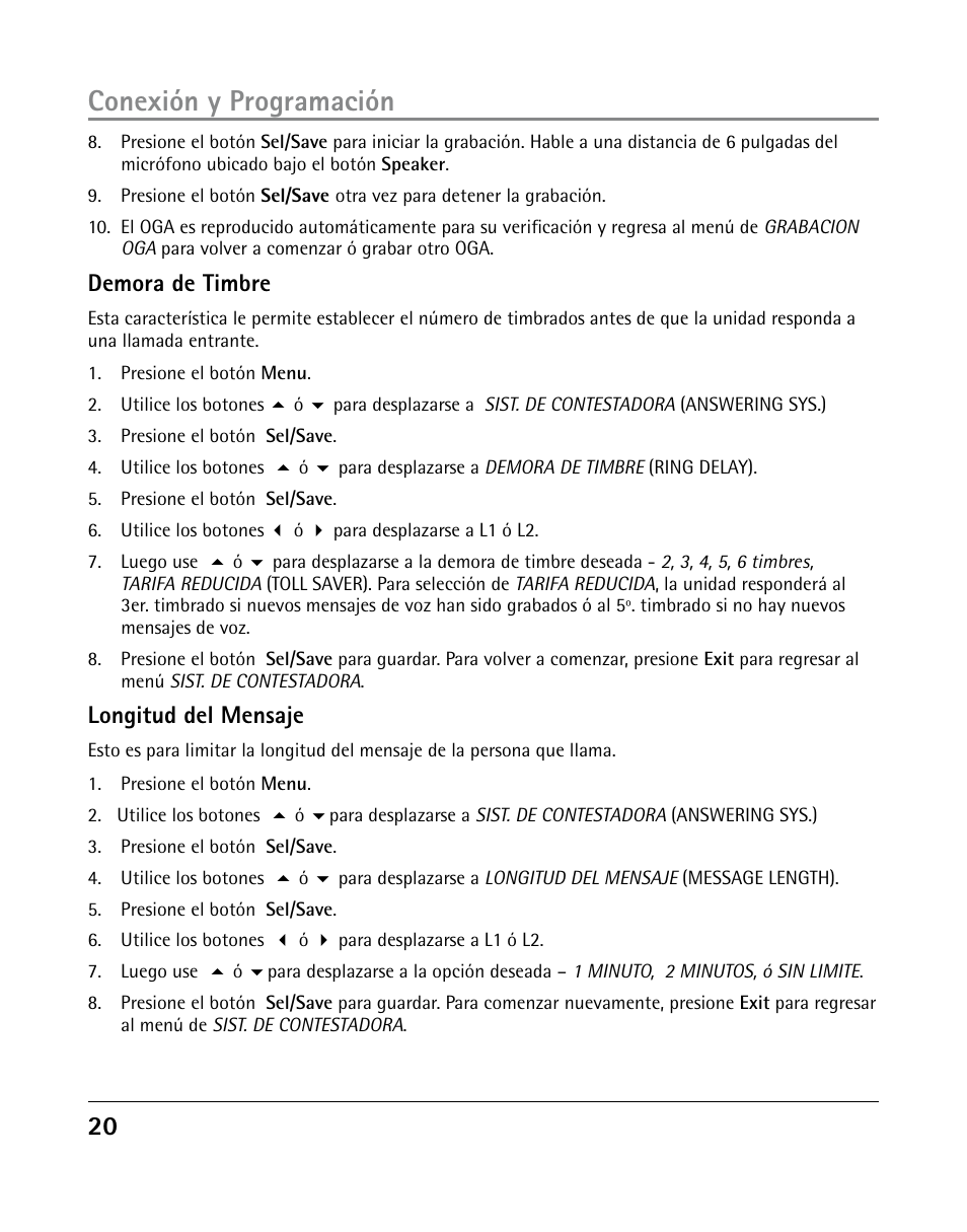 Conexión y programación, Demora de timbre, Longitud del mensaje | GE 25205 User Manual | Page 68 / 96