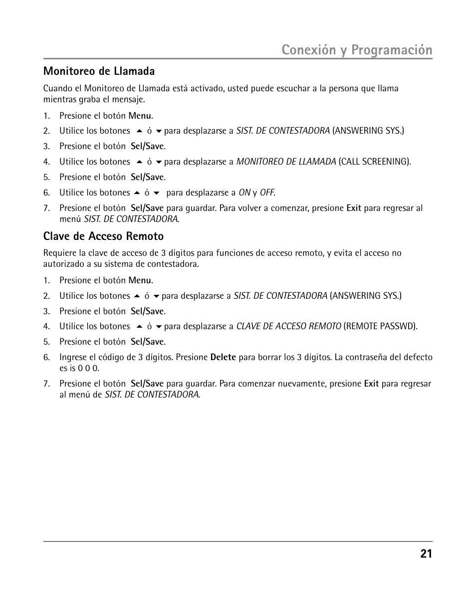 Conexión y programación, 21 monitoreo de llamada, Clave de acceso remoto | GE 25205 User Manual | Page 69 / 96