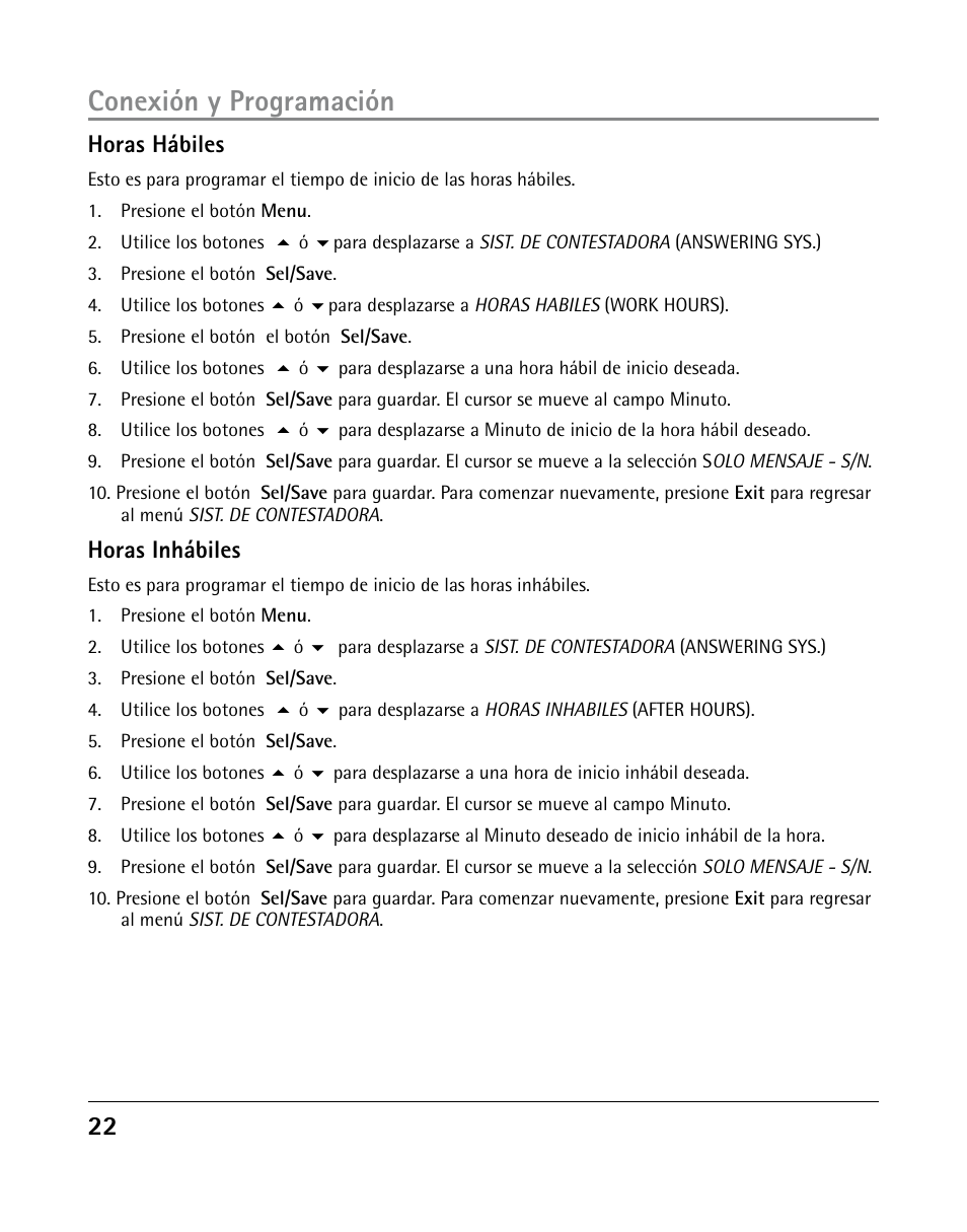 Conexión y programación, Horas hábiles, Horas inhábiles | GE 25205 User Manual | Page 70 / 96