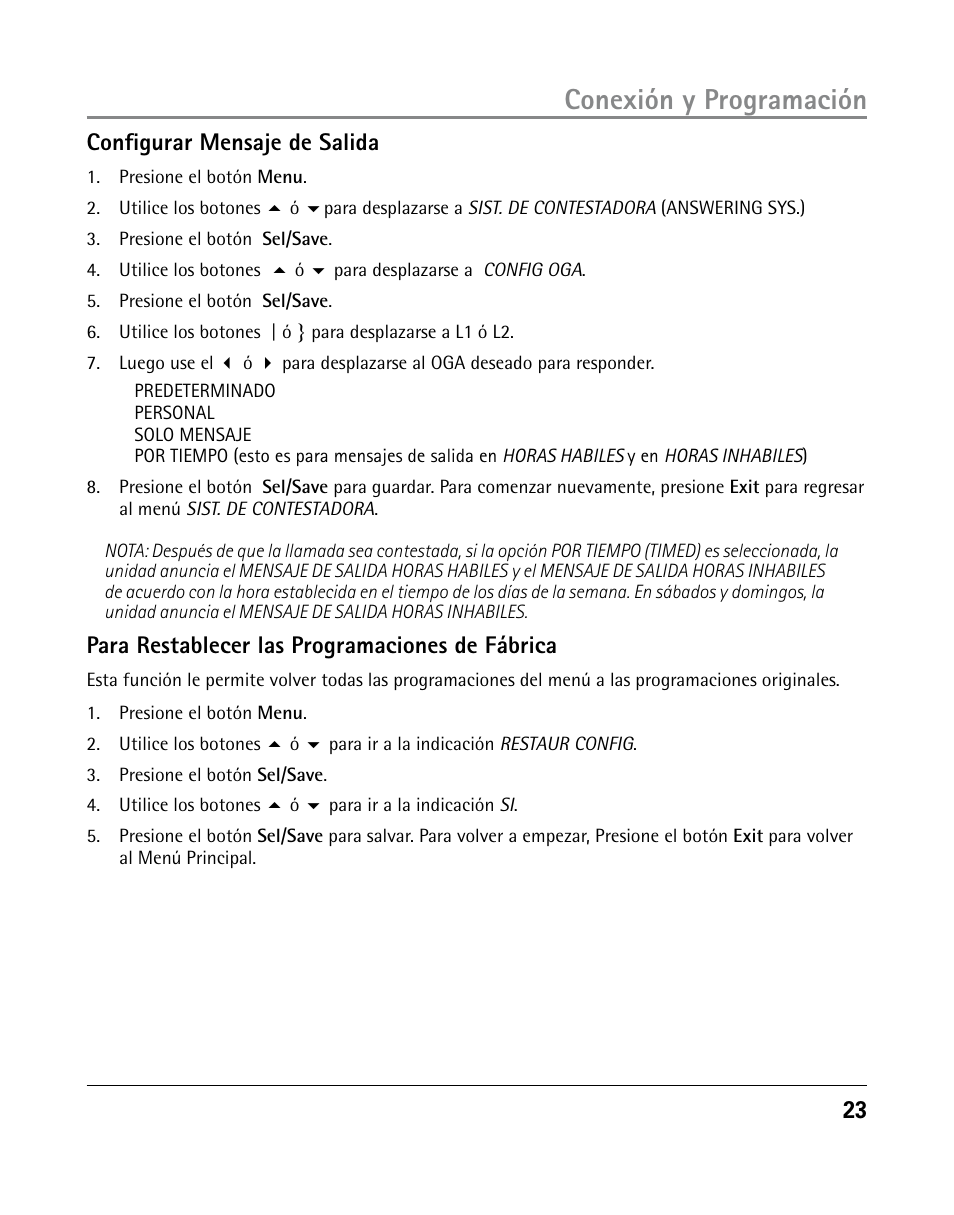 Conexión y programación, 2 configurar mensaje de salida, Para restablecer las programaciones de fábrica | GE 25205 User Manual | Page 71 / 96