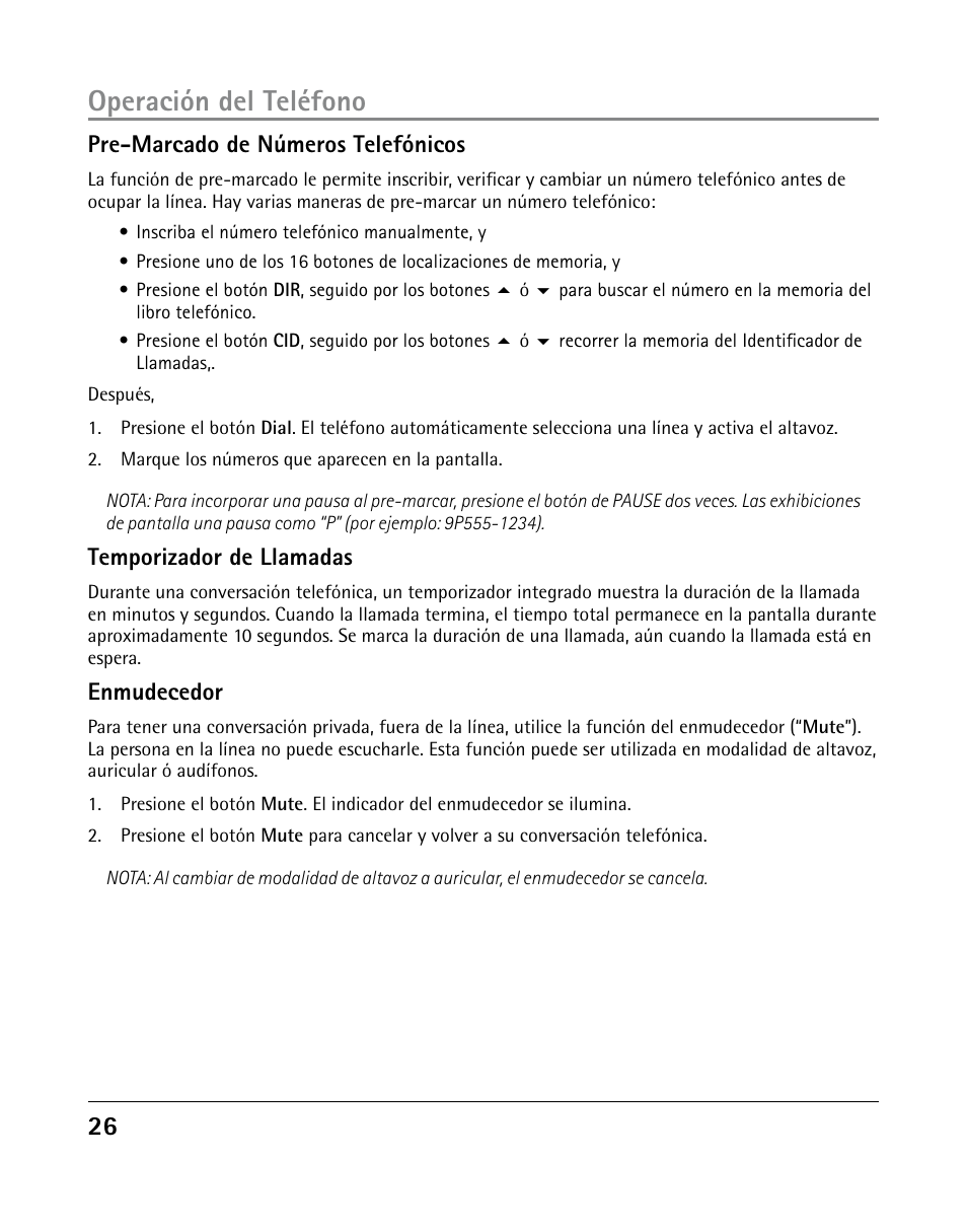 Operación del teléfono, Pre-marcado de números telefónicos, Temporizador de llamadas | Enmudecedor | GE 25205 User Manual | Page 74 / 96