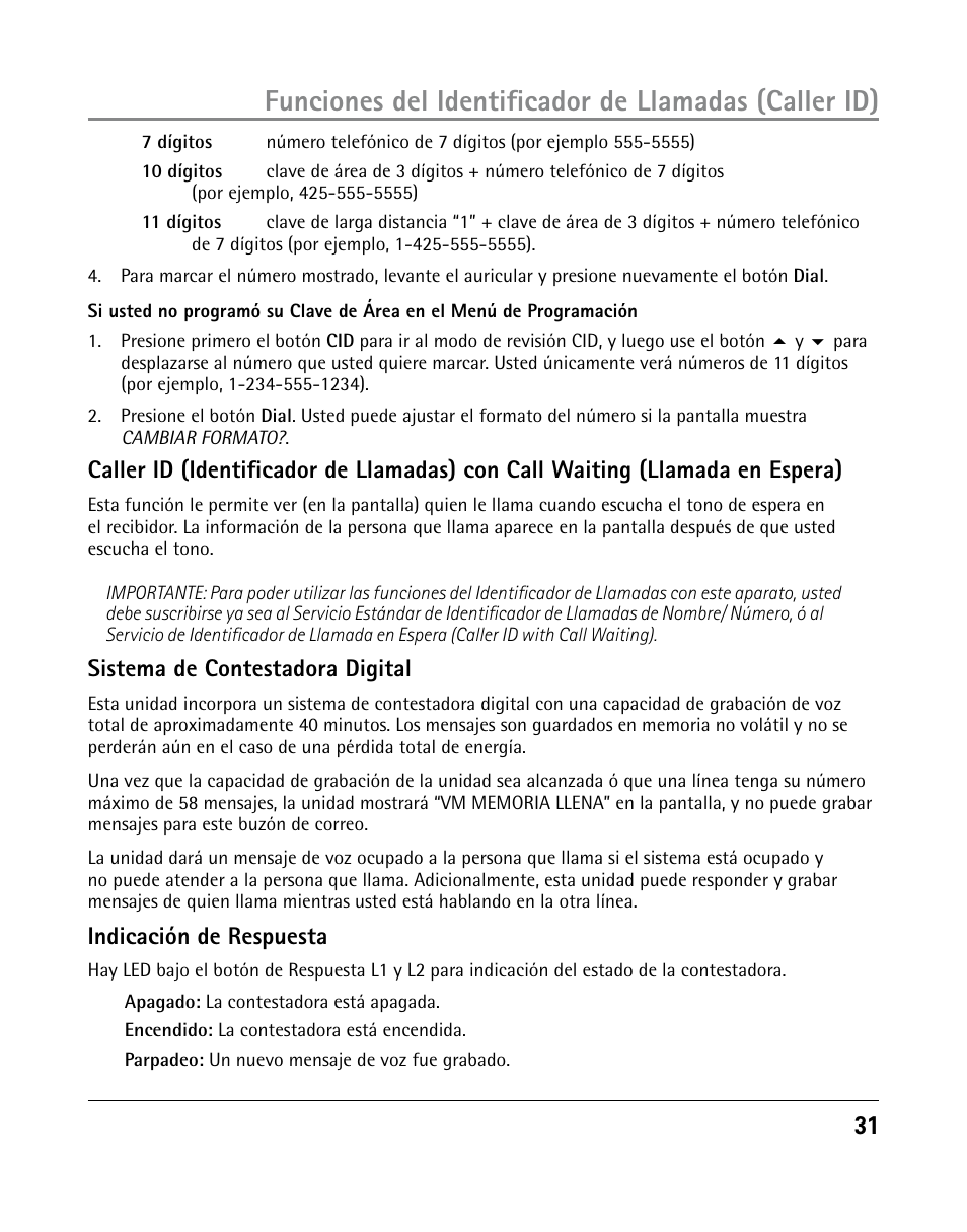 Sistema de contestadora digital, Indicación de respuesta | GE 25205 User Manual | Page 79 / 96