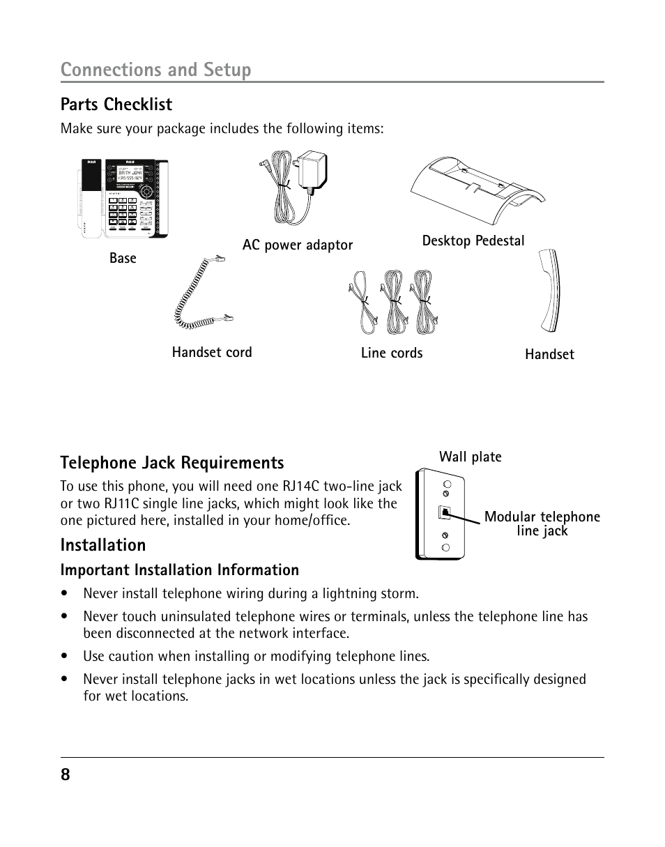 Connections and setup, Parts checklist, Telephone jack requirements | Installation | GE 25205 User Manual | Page 8 / 96