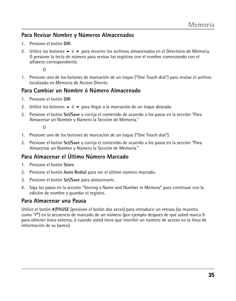 Para revisar nombre y números almacenados, Para cambiar un nombre ó número almacenado, Para almacenar el último número marcado | Para almacenar una pausa | GE 25205 User Manual | Page 83 / 96