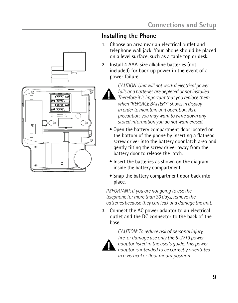 Connections and setup, Installing the phone | GE 25205 User Manual | Page 9 / 96
