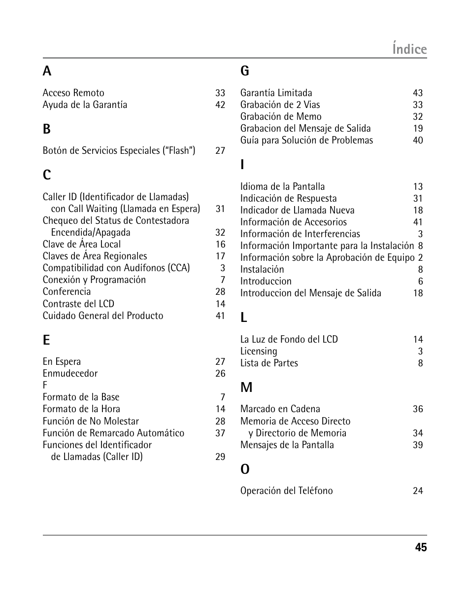 Índice a | GE 25205 User Manual | Page 93 / 96