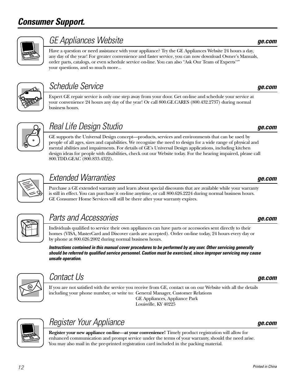 Consumer support, Consumer support. ge appliances website, Schedule service | Real life design studio, Extended warranties, Parts and accessories, Contact us, Register your appliance | GE AHG50LJ User Manual | Page 12 / 24