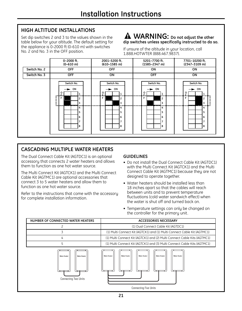 Installation instructions, Warning, High altitude installations | Cascading multiple water heaters, Guidelines | GE GN75DNSRSA User Manual | Page 21 / 28