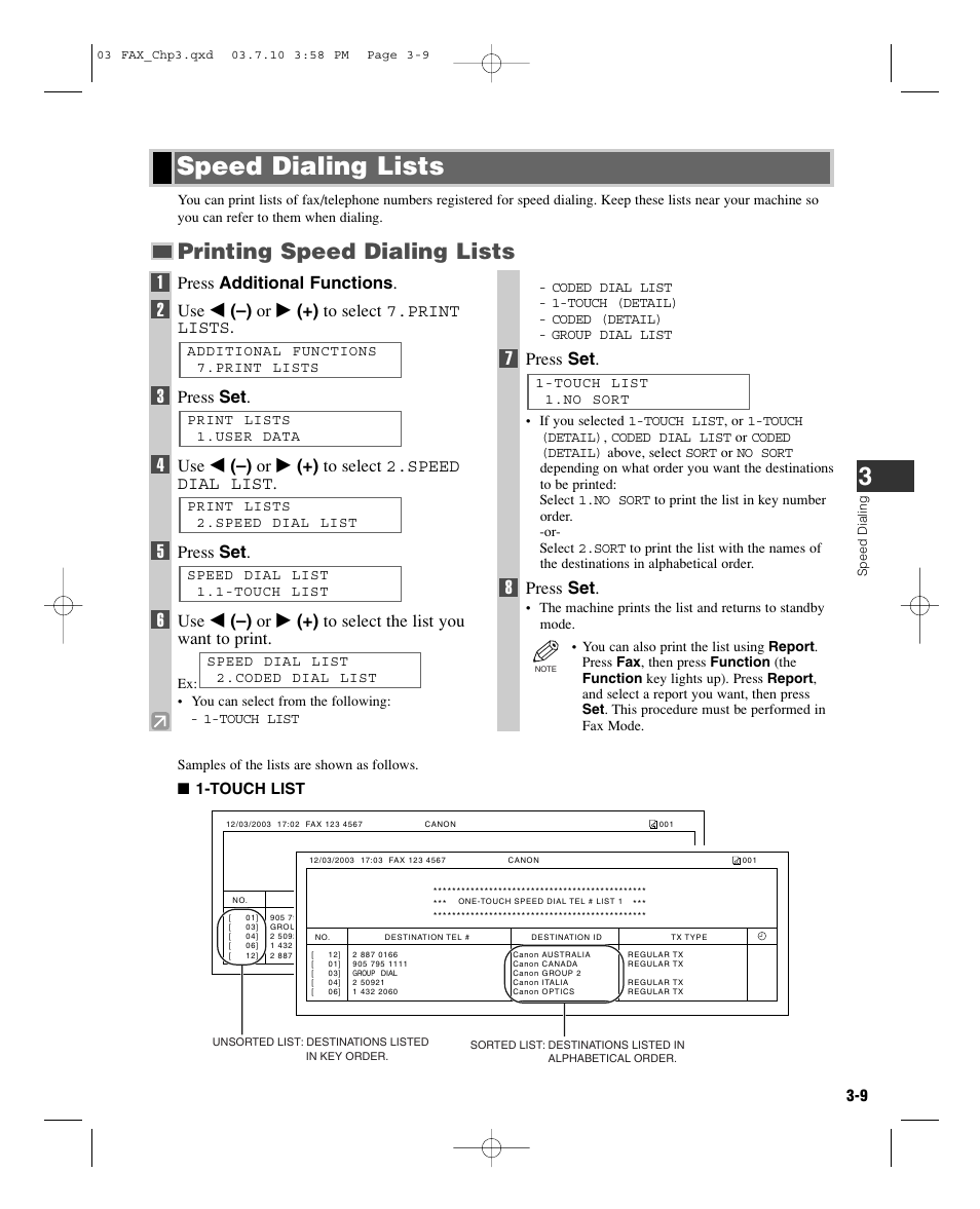 Speed dialing lists, Printing speed dialing lists, Press additional functions | Use 4 (–) or e (+) to select 7.print lists, Press set, Use 4 (–) or e (+) to select 2.speed dial list, Touch list | GE D780 User Manual | Page 32 / 94