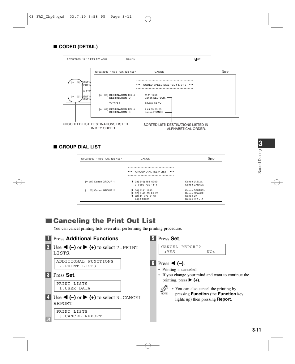 Canceling the print out list, Press additional functions, Use 4 (–) or e (+) to select 7.print lists | Press set, Use 4 (–) or e (+) to select 3.cancel report, Press 4 (–), 11 ■ coded (detail) ■ group dial list | GE D780 User Manual | Page 34 / 94