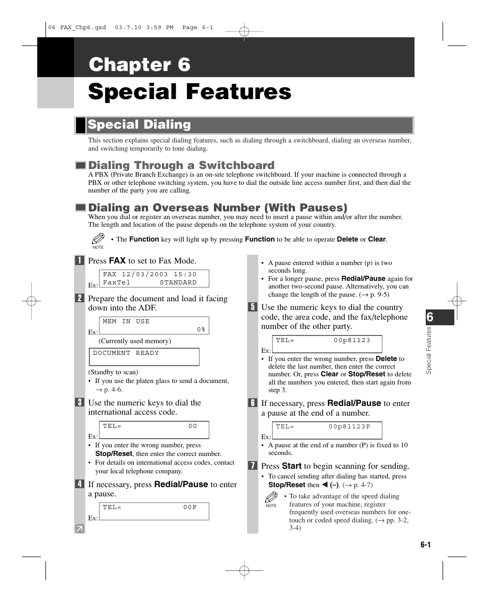 Special features, Chapter 6, Special dialing | Dialing through a switchboard, Dialing an overseas number (with pauses) | GE D780 User Manual | Page 64 / 94