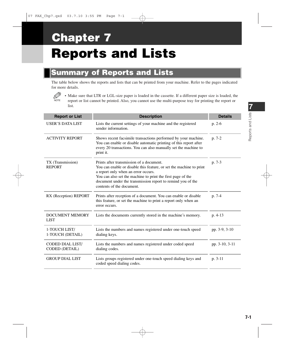 Reports and lists, Chapter 7, Summary of reports and lists | GE D780 User Manual | Page 66 / 94