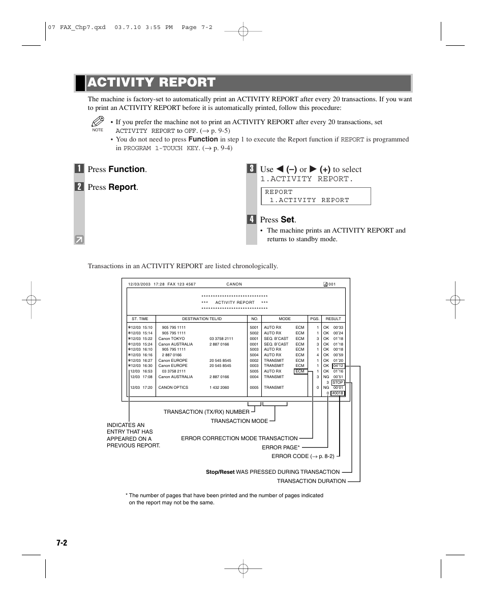 Activity report, Press function, Press report | Use 4 (–) or e (+) to select 1.activity report, Press set | GE D780 User Manual | Page 67 / 94