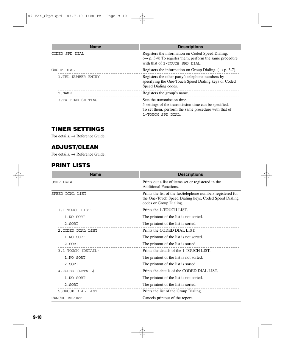 Timer settings, Adjust/clean, Print lists | GE D780 User Manual | Page 85 / 94