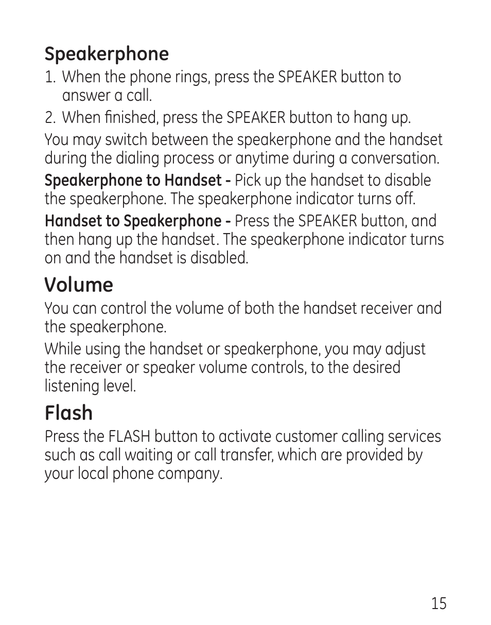 Volume, Flash, Speakerphone | GE 29568 User Manual | Page 15 / 56