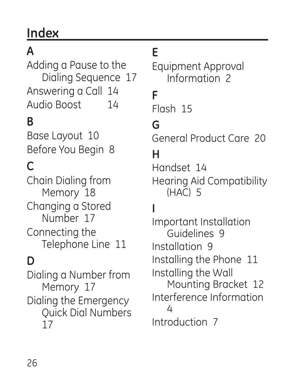Index | GE 29568 User Manual | Page 26 / 56