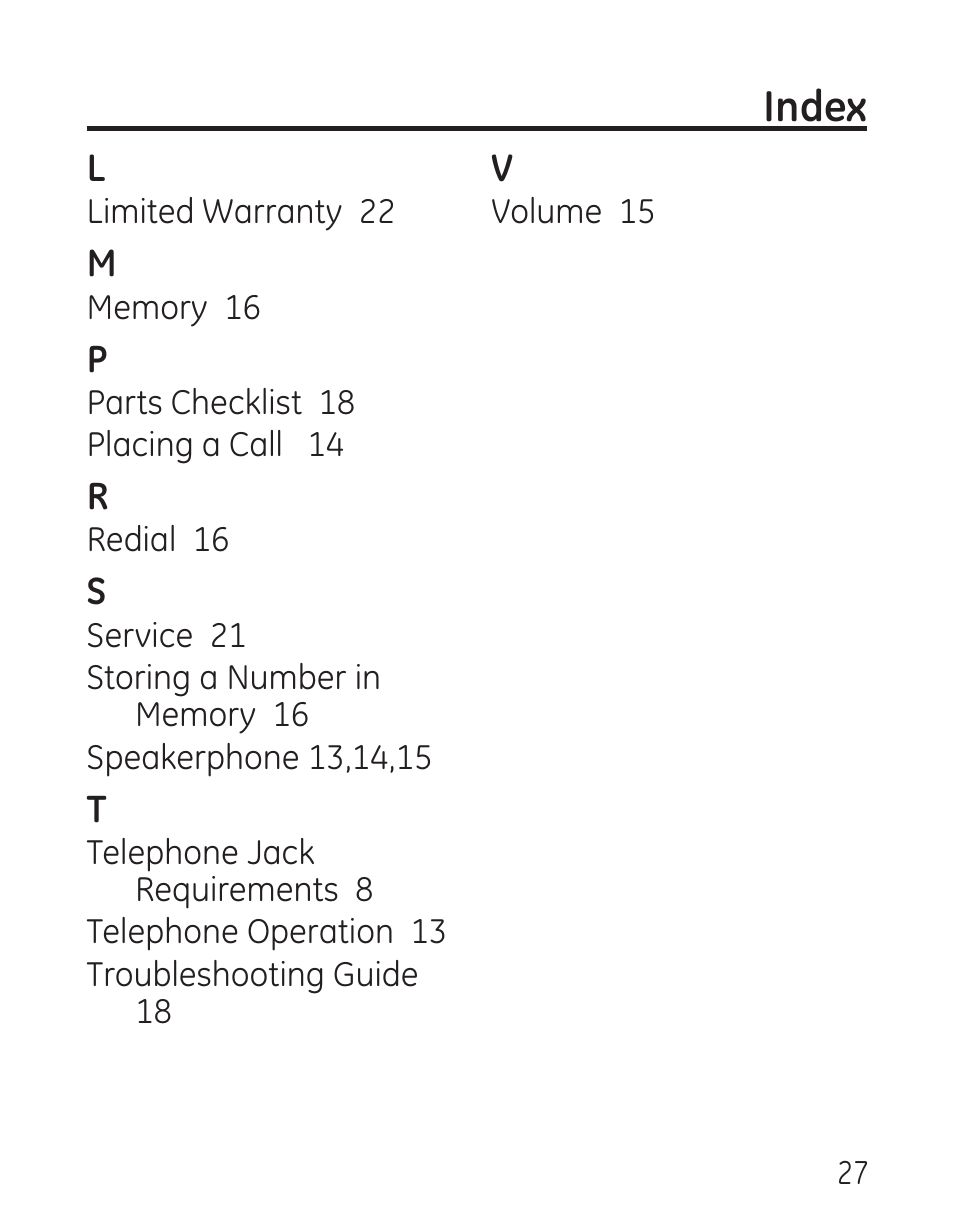 Index | GE 29568 User Manual | Page 27 / 56