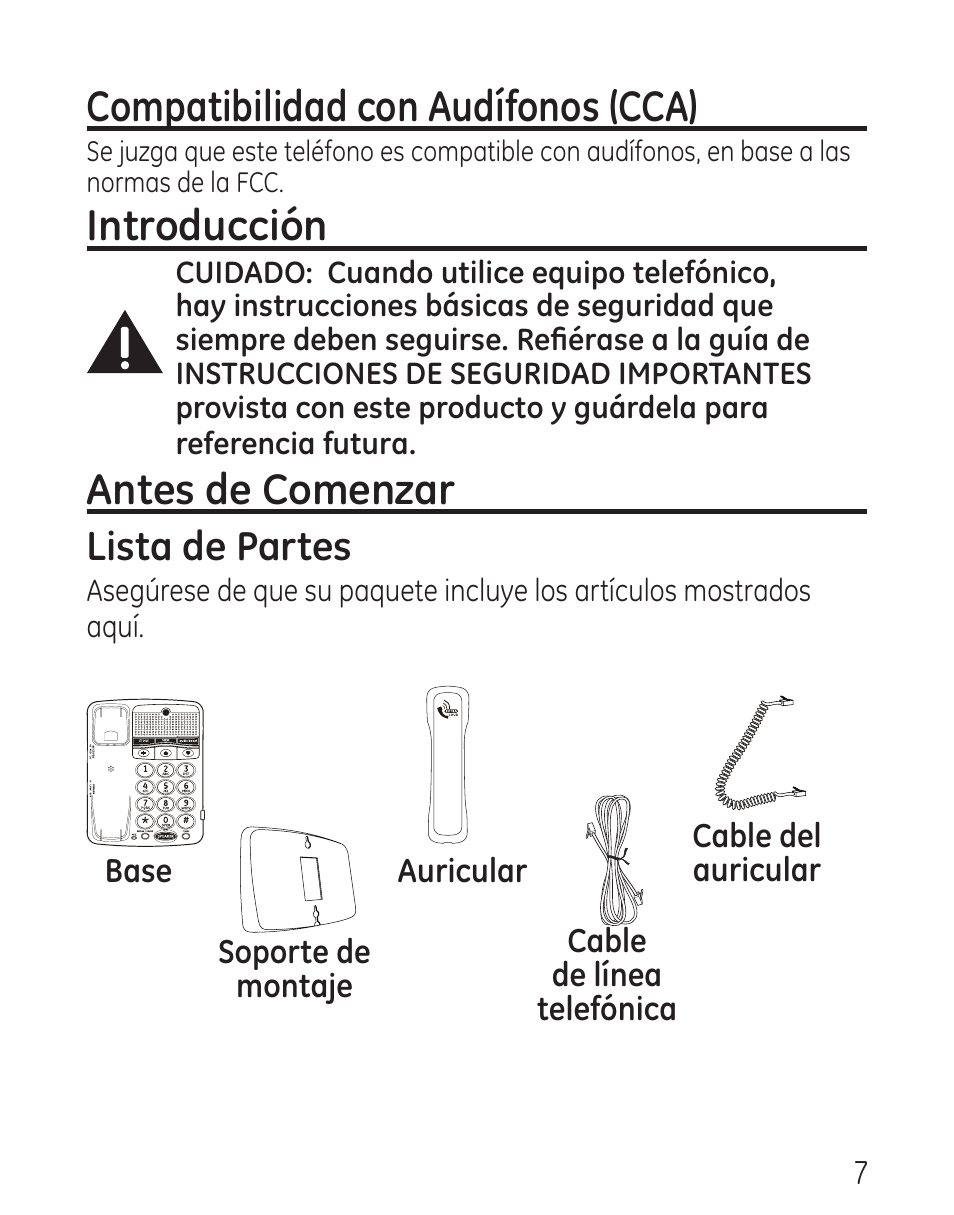 Compatibilidad con audífonos (cca), Introducción, Antes de comenzar | Lista de partes | GE 29568 User Manual | Page 35 / 56