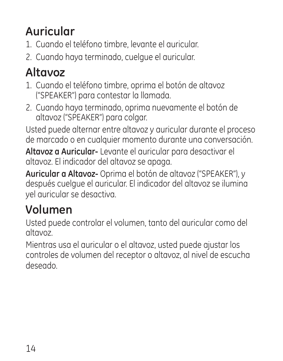 Auricular, Altavoz, Volumen | GE 29568 User Manual | Page 42 / 56