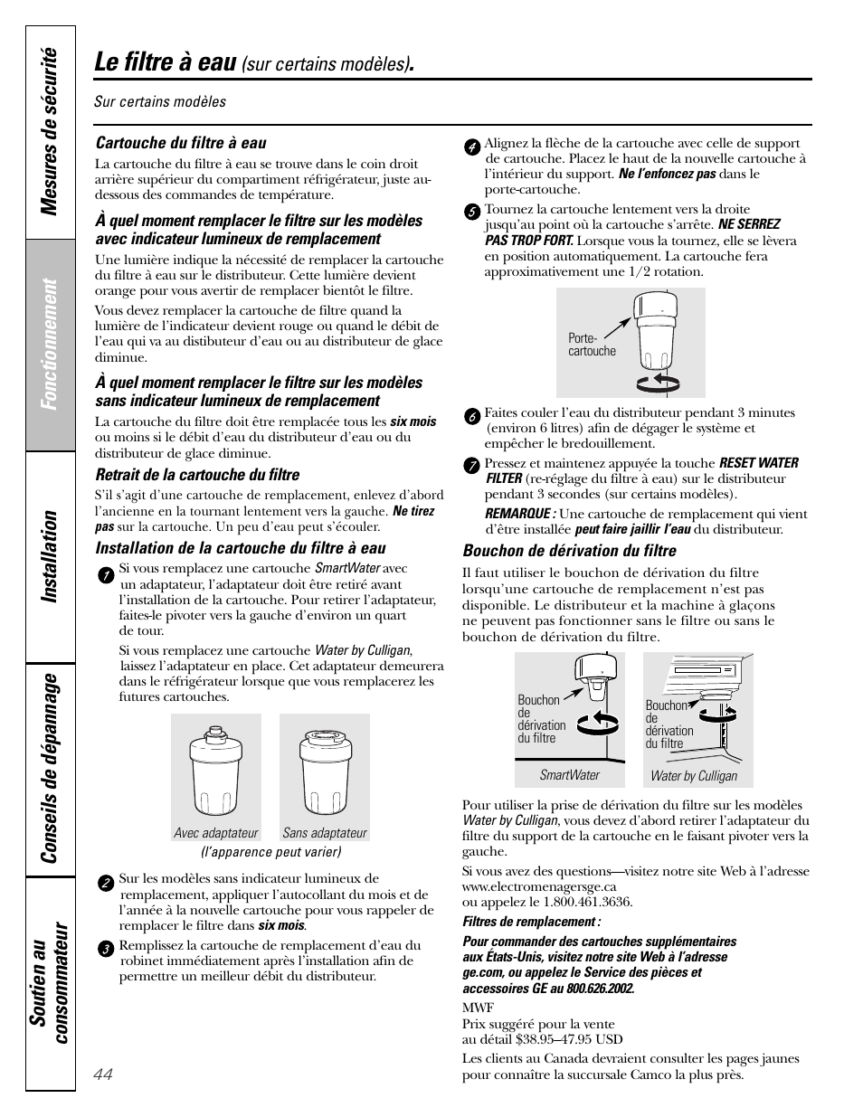 Le filtre à eau, Sur certains modèles) | GE 25 and 27 User Manual | Page 44 / 108
