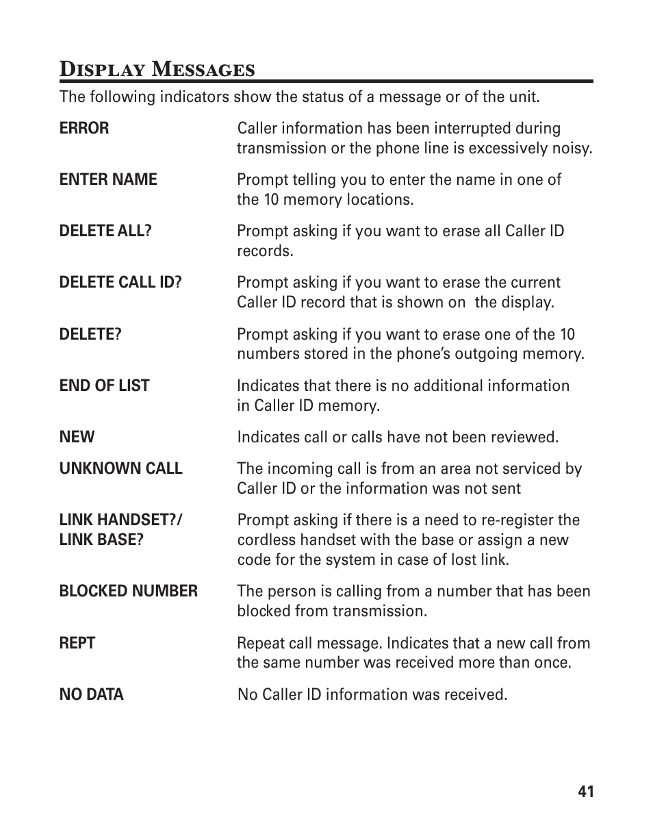 Display messages | GE 25880 User Manual | Page 41 / 100