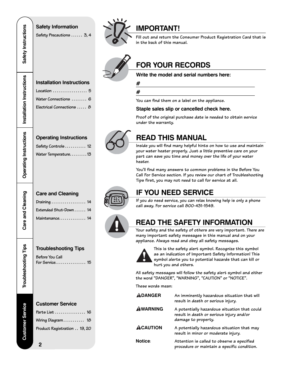 Read this manual for your records, Important, If you need service | Read the safety information | GE AP12170-4 User Manual | Page 2 / 20