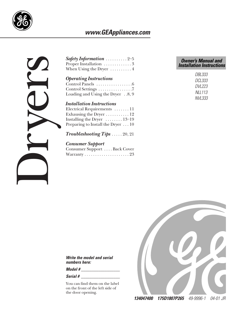 GE DVL223 User Manual | 24 pages