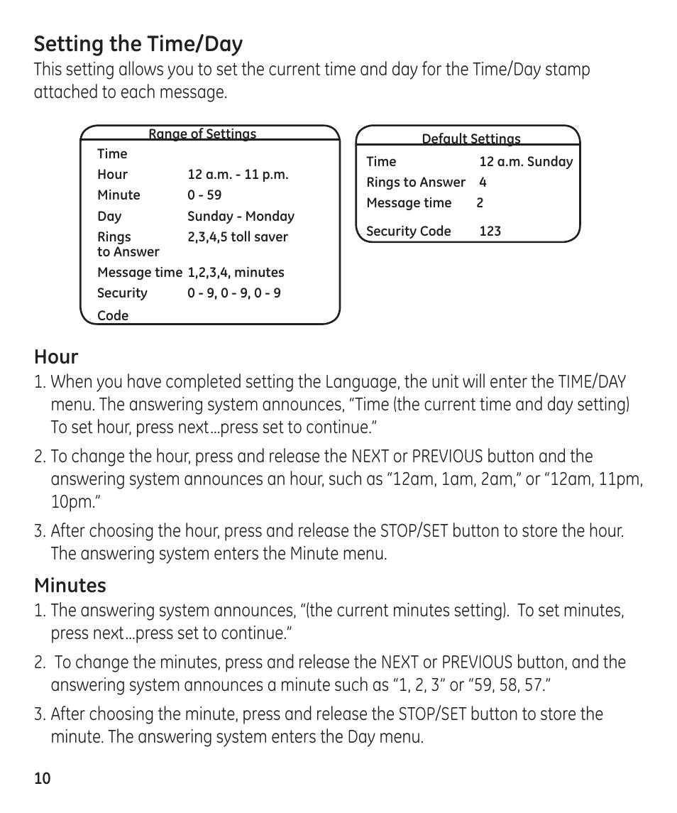 Setting the time/day, Hour, Minutes | GE 55897990 User Manual | Page 10 / 52
