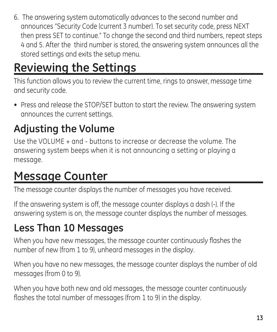 Reviewing the settings, Message counter, Adjusting the volume | Less than 10 messages | GE 55897990 User Manual | Page 13 / 52