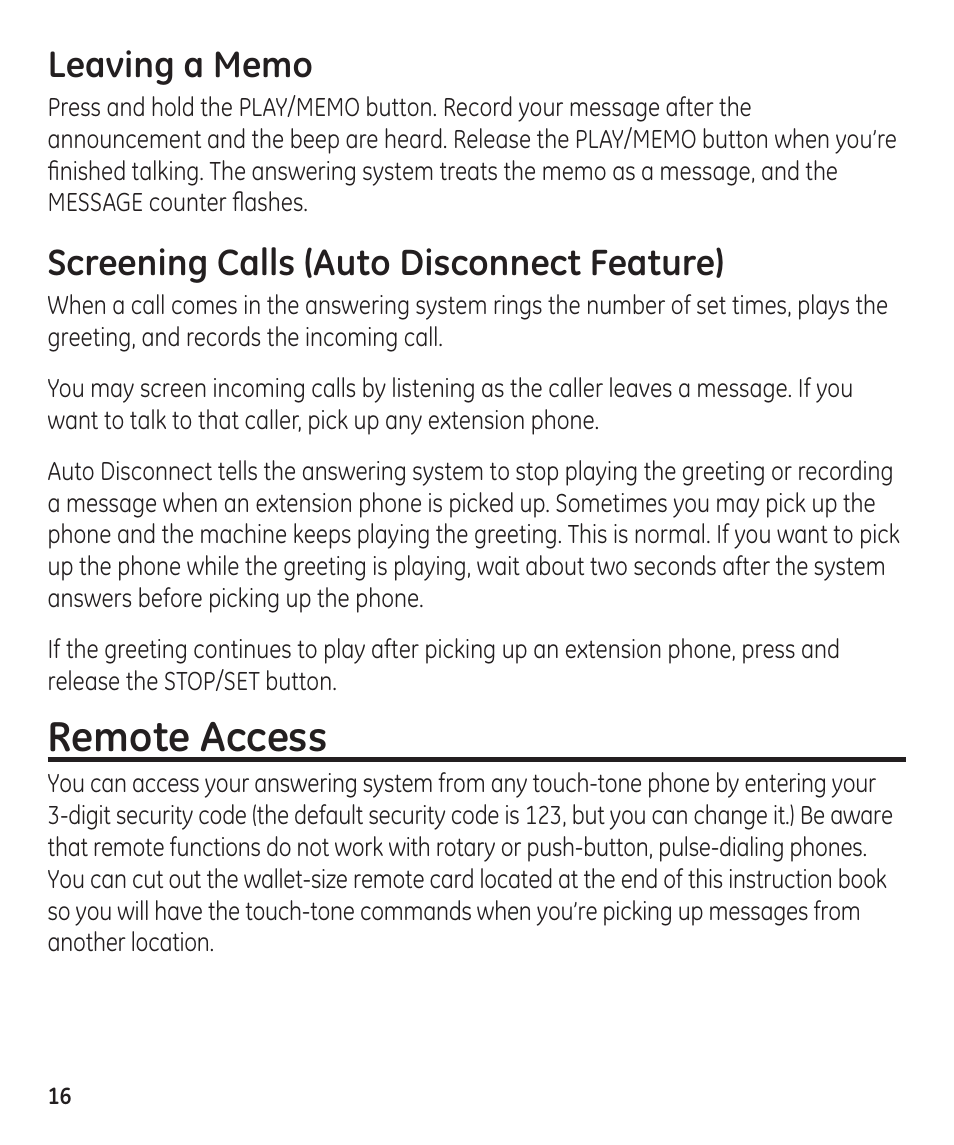 Remote access, Screening calls (auto disconnect feature) | GE 55897990 User Manual | Page 16 / 52