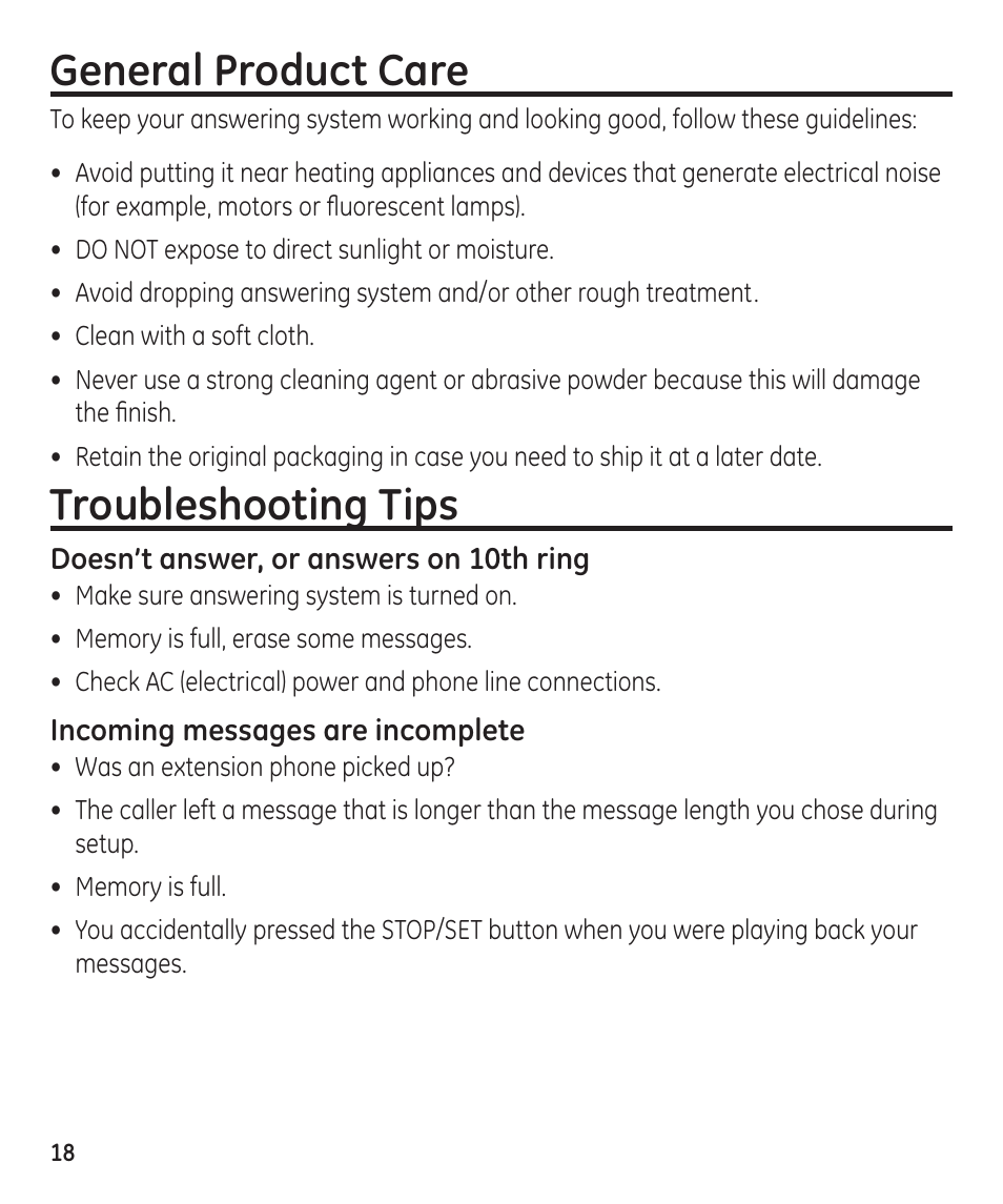 General product care, Troubleshooting tips | GE 55897990 User Manual | Page 18 / 52