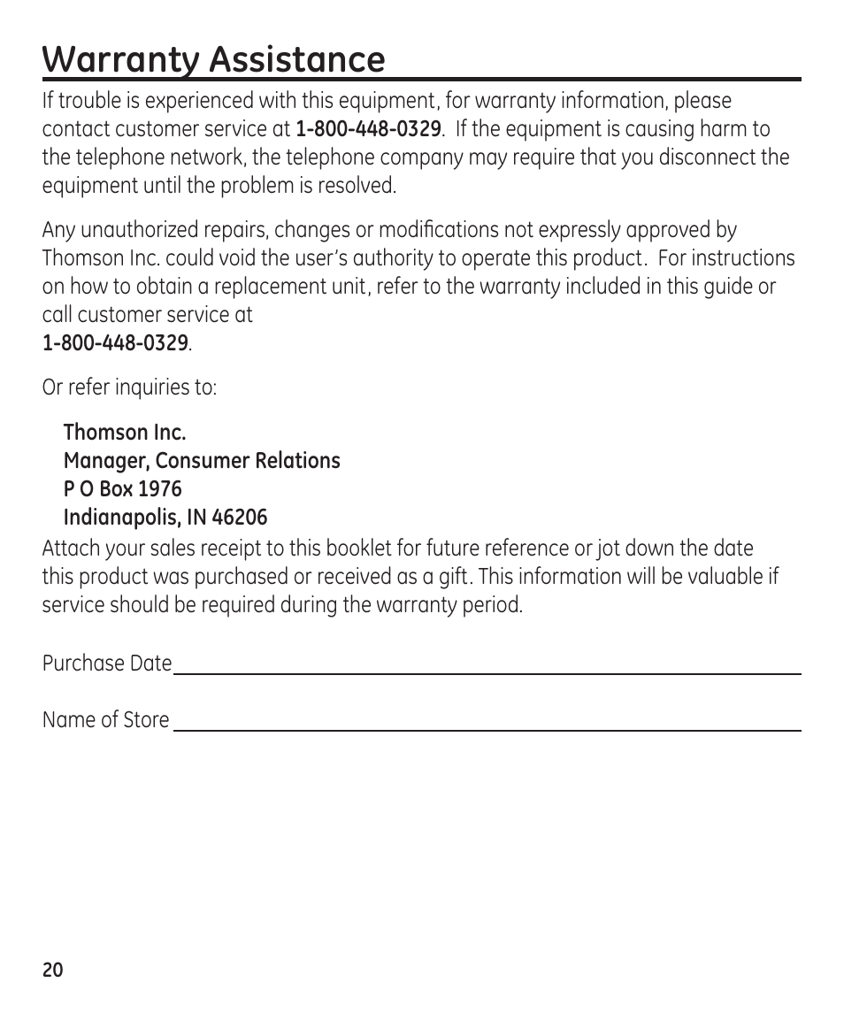 Warranty assistance | GE 55897990 User Manual | Page 20 / 52
