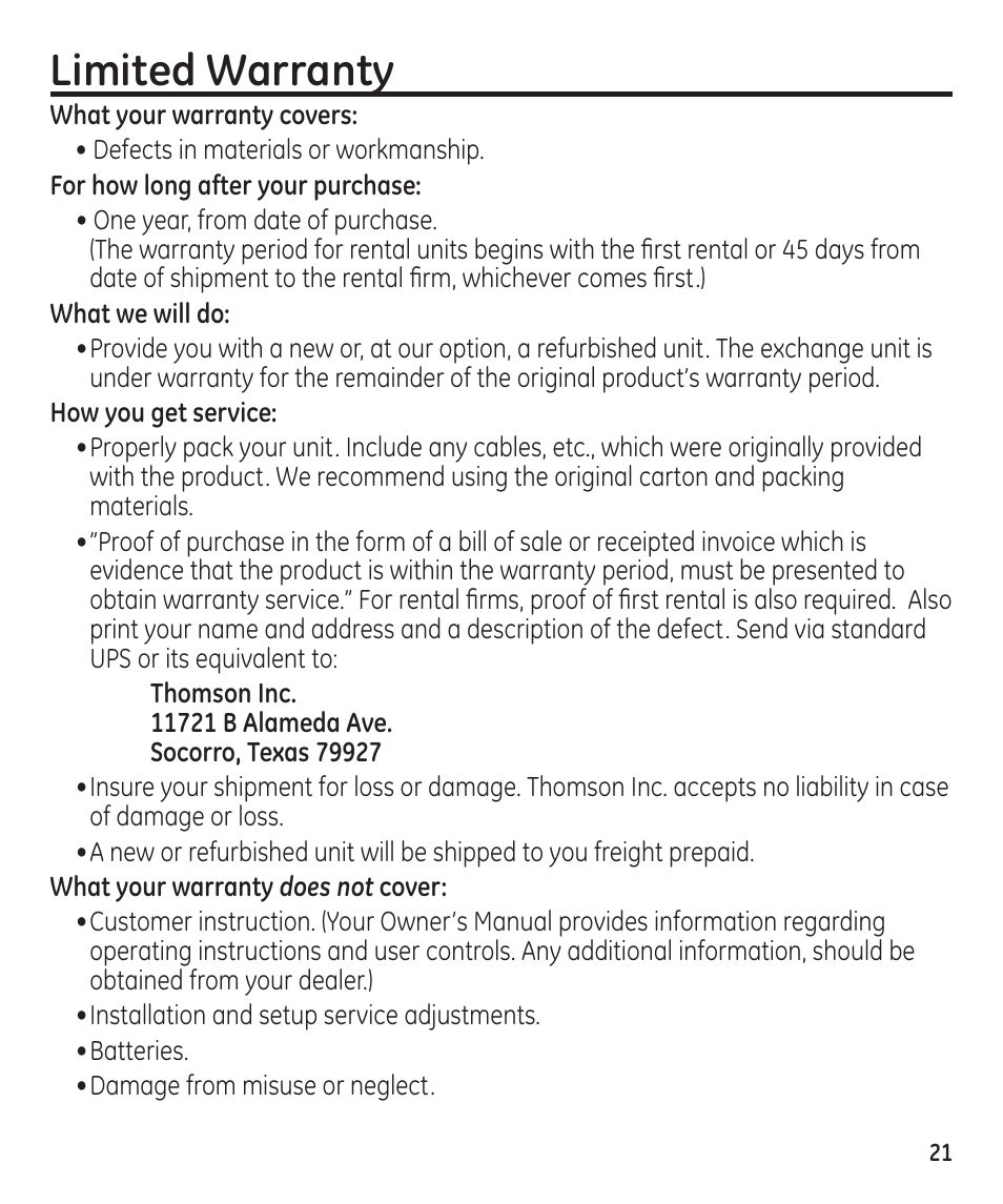 Limited warranty | GE 55897990 User Manual | Page 21 / 52