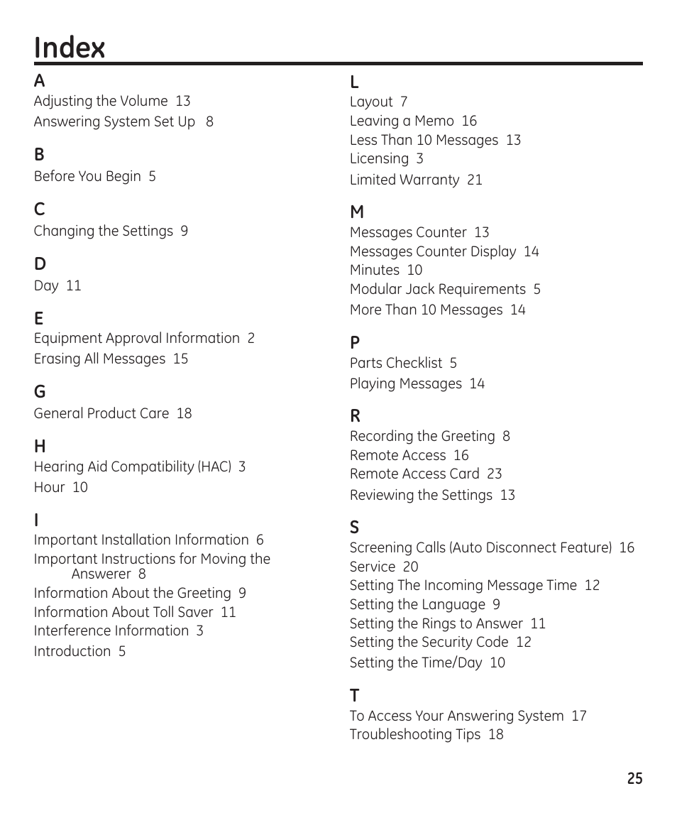 Index | GE 55897990 User Manual | Page 25 / 52