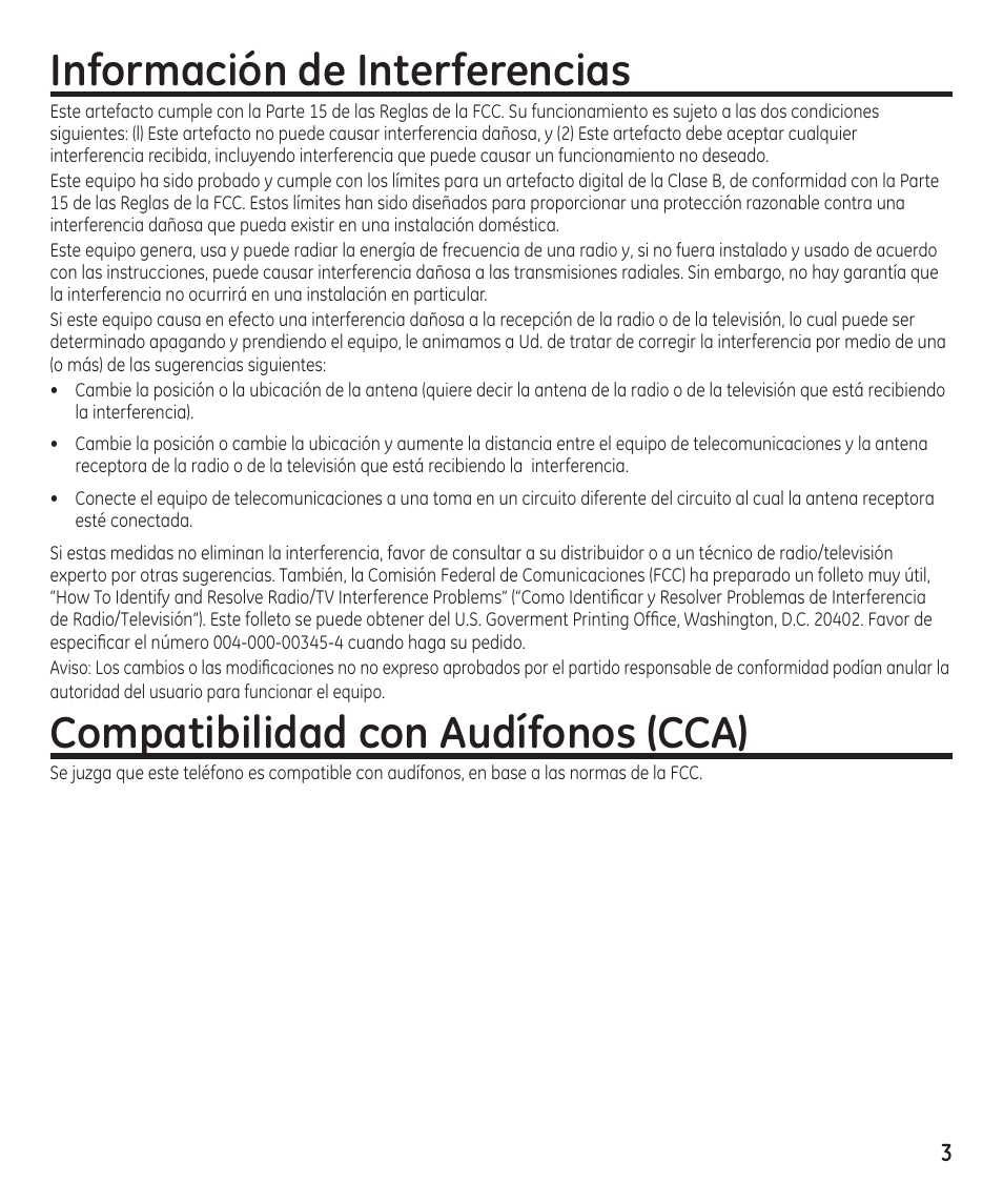 Información de interferencias, Compatibilidad con audífonos (cca) | GE 55897990 User Manual | Page 29 / 52